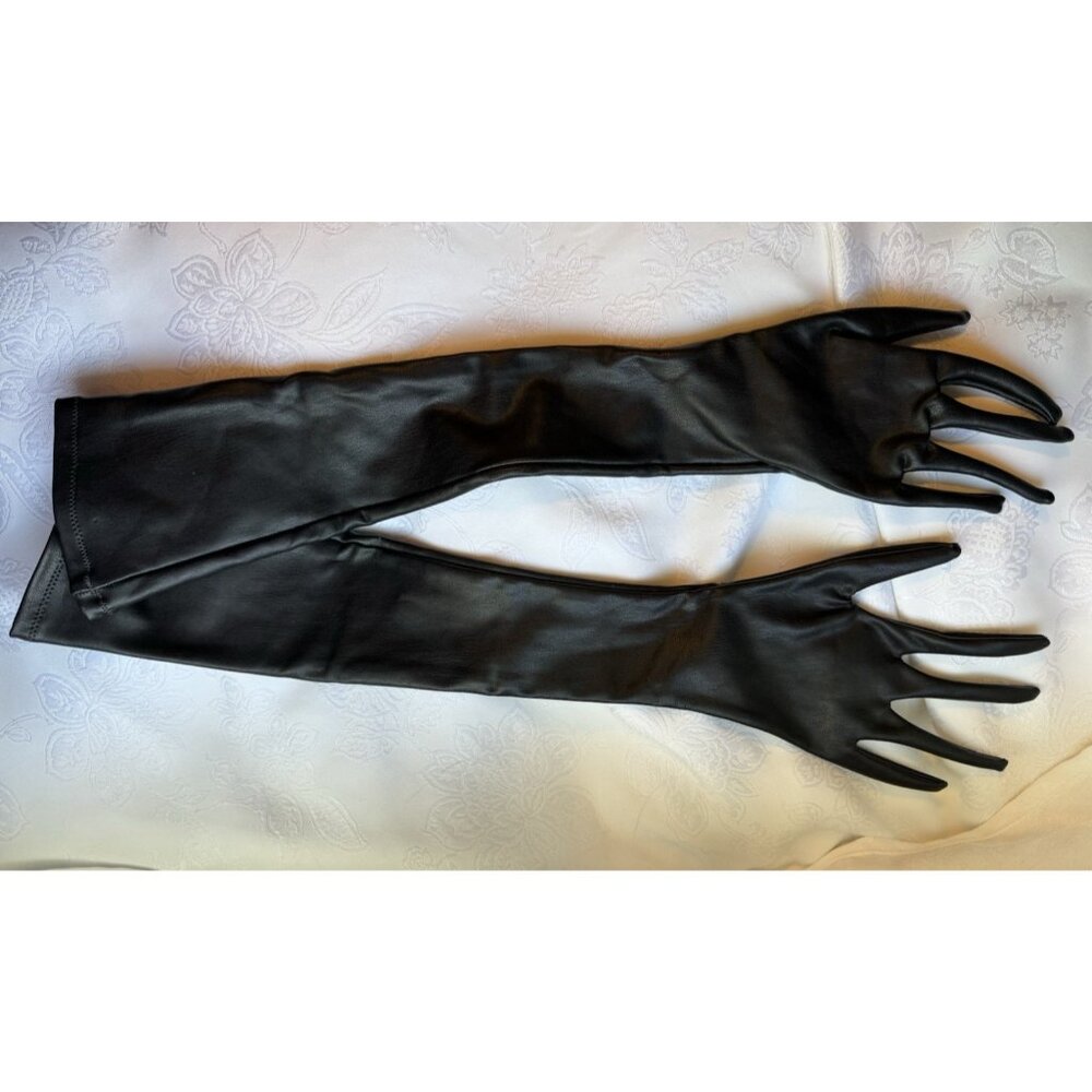SKIMS Women S Faux Leather Formal Prom Length Long Gloves Onyx Black NEW No Tags - Picture 3 of 10